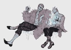 Rule 34 | 2boys, alcohol, blue fire, capri pants, crossed arms, cup, donquixote doflamingo, drink, drinking glass, feathers, fire, glass, julyan, marco (one piece), multiple boys, one piece, pants, sitting, smile, sunglasses, tattoo, wine, wine glass