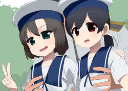 Rule 34 | 2girls, admiral (kancolle), black hair, blush, brown hair, daitou (kancolle), dress, grabbing, grabbing from behind, green eyes, hair between eyes, hair ribbon, hand on another&#039;s chest, hand on another&#039;s shoulder, hat, hiburi (kancolle), kantai collection, kusaka souji, long hair, looking at viewer, multiple girls, open mouth, ponytail, red eyes, ribbon, sailor collar, sailor dress, sailor hat, short hair, short sleeves, smile, v, white hat