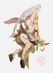 Rule 34 | 1girl, animal feet, armlet, artist name, ass, bandaid, bandaid on cheek, bandaid on face, bandaid on thigh, bare shoulders, bird wings, blonde hair, character name, check copyright, chimera, closed eyes, closed mouth, commentary, copyright request, feathered wings, feathers, fins, fish tail, full body, green scales, green skirt, green tail, hong (hong11117), hooves, light smile, long hair, miniskirt, monster girl, original, shirt, simple background, skirt, sleeveless, sleeveless shirt, solo, symbol-only commentary, tail, watermark, white background, white shirt, white wings, wings