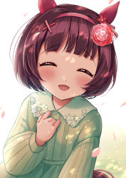 Rule 34 | 1girl, :d, ^ ^, animal ears, brown hair, closed eyes, collared dress, dress, facing viewer, flower, green dress, hair flower, hair ornament, hairband, hairclip, hand up, highres, horse ears, horse girl, horse tail, long sleeves, masshirokachi, nishino flower (umamusume), open mouth, petals, puffy long sleeves, puffy sleeves, red flower, red hairband, short hair, smile, solo, tail, umamusume, white background, x hair ornament