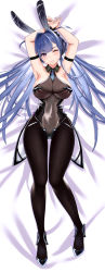 Rule 34 | 1girl, absurdres, animal ears, arm strap, armpits, azur lane, bare shoulders, blue necktie, bodystocking, breasts, cleavage, covered navel, dakimakura (medium), detached collar, fake animal ears, full body, heart, heart-shaped pupils, highres, huge filesize, large breasts, leotard, long hair, looking at viewer, lying, nail polish, naisewow, necktie, new jersey (azur lane), new jersey (exhilarating steps!) (azur lane), official alternate costume, on back, one eye closed, pantyhose, playboy bunny, purple eyes, rabbit ears, see-through, see-through cleavage, solo, symbol-shaped pupils, thighs, very long hair, wing collar, wrist cuffs
