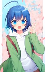 Rule 34 | 1girl, :d, ahoge, backpack, bag, blue eyes, blue hair, blurry, blurry background, blush, cherry blossoms, commission, depth of field, falling petals, green jacket, hand up, hood, hood down, hoodie, jacket, konogi nogi, long sleeves, looking at viewer, medium hair, open clothes, open jacket, open mouth, original, petals, short hair, skeb commission, sleeves past wrists, smile, solo, v, white hoodie