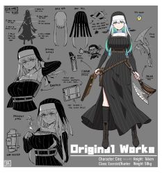 Rule 34 | 1girl, axe, black robe, black sleeves, blue eyes, blue hair, boots, breasts, character sheet, cross-laced footwear, detached sleeves, double-barreled shotgun, double barrels, english text, fumato, gradient eyes, gradient hair, green hair, gun, highres, large breasts, long sleeves, multicolored eyes, multicolored hair, multiple-barrel firearm, original, robe, sawed-off shotgun, shotgun, side-by-side-barreled shotgun, slit pupils, smile, striped, striped sleeves, vertical stripes, weapon, white hair, yellow eyes