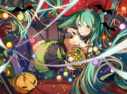 Rule 34 | 1girl, absurdly long hair, detached sleeves, green eyes, green hair, halloween, hatsune miku, highres, jack-o&#039;-lantern, jewelry, long hair, looking at viewer, matching hair/eyes, necklace, reclining, shadowsinking, skirt, solo, thighhighs, tiara, trick or treat, twintails, very long hair, vocaloid