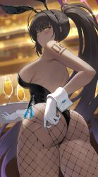 Rule 34 | 1girl, absurdres, alcohol, animal ears, ass, backless leotard, black hair, black leotard, blue archive, blurry, blurry background, blush, breasts, champagne, champagne flute, commentary, cup, dark-skinned female, dark skin, drinking glass, fake animal ears, fishnet pantyhose, fishnets, gloves, gradient hair, hair between eyes, halo, highleg, highleg leotard, highres, holding, holding tray, indoors, karin (blue archive), karin (bunny) (blue archive), large breasts, leotard, long hair, looking down, multicolored hair, number tattoo, official alternate costume, pantyhose, parted lips, playboy bunny, ponytail, purple hair, purple halo, rabbit ears, reiji-rj, shoulder tattoo, side-tie leotard, sidelocks, solo, strapless, strapless leotard, symbol-only commentary, tattoo, teeth, thong leotard, torn clothes, torn pantyhose, tray, twisted torso, very long hair, white gloves, white wrist cuffs, wrist cuffs, yellow eyes