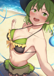 Rule 34 | 1girl, :d, absurdres, adapted costume, beach, bikini, black bikini, blush, breasts, cleavage, commentary request, frilled bikini, frilled skirt, frills, from above, from side, front-tie bikini top, front-tie top, green eyes, green hair, green skirt, hair between eyes, hands up, happy, heart, heart of string, highres, komeiji koishi, looking at viewer, looking up, medium breasts, medium hair, nagomian, navel, ocean, one eye closed, open mouth, outdoors, outstretched arm, see-through, see-through skirt, skirt, smile, solo, swimsuit, teeth, third eye, touhou, upper teeth only