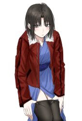Rule 34 | 1girl, black eyes, black hair, blue kimono, blush, clothes pull, commentary request, egomeshi, expressionless, fur-trimmed collar, fur trim, highres, jacket, japanese clothes, kara no kyoukai, kimono, leather, leather jacket, long sleeves, looking at viewer, obi, open clothes, pantyhose, pantyhose pull, red jacket, ryougi shiki, sash, short hair, simple background, solo, thighs, undressing, white background