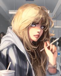 Rule 34 | 1girl, annoyed, brown hair, brown shirt, commentary, cup, disposable cup, drinking straw, english commentary, grey eyes, grey hoodie, highres, holding, holding pencil, hood, hood down, hoodie, long hair, looking at viewer, lotus bubble, original, parted lips, pencil, photo-referenced, portrait, shirt, solo, watch, wristwatch