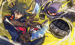 Rule 34 | 1boy, belt, black hair, blonde hair, card, duel disk, fudo yusei, gloves, highres, holding, holding card, jacket, junk warrior, melon22, monster, multicolored hair, open clothes, open jacket, open mouth, purple eyes, yu-gi-oh!, yu-gi-oh! 5d&#039;s