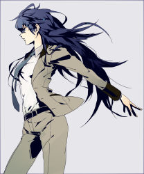 Rule 34 | 1girl, aged up, atlus, belt, blazer, blue eyes, blue hair, breasts, coat, detective, expressionless, formal, hair between eyes, highres, hip focus, jacket, long hair, looking away, matching hair/eyes, mossan351, necktie, pant suit, pants, persona, persona 4, persona x detective, profile, serious, shirogane naoto, small breasts, solo, standing, suit, wavy hair