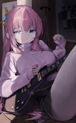 1girl black_skirt blue_eyes bocchi_the_rock! breasts closed_mouth commentary cube_hair_ornament electric_guitar gotoh_hitori guitar hair_ornament highres holding holding_plectrum indoors instrument jacket jeon_(user_ywaw3774) large_breasts long_hair long_sleeves looking_to_the_side microphone_stand one_eye_narrowed one_side_up pink_hair pink_jacket plectrum poster_(object) raised_eyebrow skirt sleeves_past_wrists solo thighs wooden_floor