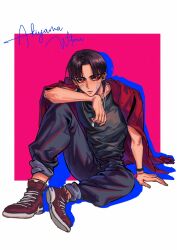Rule 34 | 1boy, akiyama wataru, black hair, black pants, black shirt, border, character name, chinese commentary, highres, initial d, jacket, jacket on shoulders, jewelry, looking to the side, male focus, necklace, outside border, pants, pink background, red eyes, red footwear, red jacket, shadow, shirt, shoes, sitting, sneakers, solo, sweatpants, white border, yejian feixing