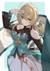 1girl absurdres aqua_background aqua_bow aqua_dress arm_up black_sleeves blonde_hair border bow braid breasts cleavage_cutout clothing_cutout commentary_request dress green_eyes hair_between_eyes hair_intakes hair_ornament highres holding holding_mahjong_tile honkai:_star_rail honkai_(series) jewelry lahz52 long_hair mahjong mahjong_tile medium_breasts pom_pom_(clothes) pom_pom_hair_ornament qingque_(honkai:_star_rail) red_ribbon ribbon shoulder_cutout smile smirk solo teeth turtleneck two-tone_dress v white_border white_dress