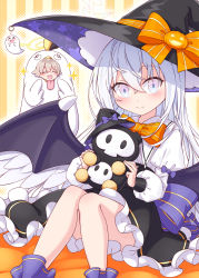 Rule 34 | 2girls, :d, ^ ^, animal costume, azusa (blue archive), black headwear, black skirt, black wings, blue archive, blush, bow, closed eyes, closed mouth, commentary request, cosplay, demon wings, feet out of frame, frilled skirt, frills, grey hair, hair between eyes, halloween, harada (sansei rain), hat, hifumi (blue archive), highres, holding, jack-o&#039;-lantern, juliet sleeves, knees up, long hair, long sleeves, multiple girls, open mouth, orange bow, peroro (blue archive), peroro (blue archive) (cosplay), puffy sleeves, shirt, skirt, smile, sparkle, striped, striped background, striped bow, vertical stripes, very long hair, white shirt, wings, witch hat