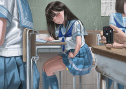 Rule 34 | 1girl, black hair, classroom, desk, itou tatsuya, lock, original, school uniform, sex toy, thigh bands, vibrator, vibrator under clothes