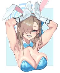 Rule 34 | 1girl, absurdres, animal ears, armpits, arms up, asuna (blue archive), asuna (bunny) (blue archive), blue archive, breasts, cleavage, detached collar, fake animal ears, gloss (hotglossed), grin, hair over one eye, highres, large breasts, leotard, looking at viewer, mole, mole on breast, playboy bunny, rabbit ears, rabbit pose, smile, solo, upper body