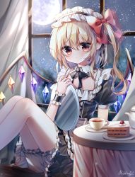 Rule 34 | 1girl, :/, absurdres, alternate costume, apron, black dress, black neckwear, blonde hair, bloomers, blurry, blush, bow, brooch, cake, cake slice, closed mouth, commentary request, crystal, cup, curtains, depth of field, detached collar, dress, enmaided, expressionless, feet out of frame, flandre scarlet, flat chest, food, fruit, full moon, hair between eyes, hair bow, highres, holding, holding tray, indoors, jewelry, knees up, looking at viewer, maid, maid apron, maid headdress, moon, night, night sky, one side up, pudding (skymint 028), puffy short sleeves, puffy sleeves, red bow, red eyes, short hair, short sleeves, signature, sitting, sky, solo, star (sky), strawberry, table, teacup, teapot, touhou, tray, underwear, white apron, white headwear, window, wings