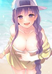 Rule 34 | 1girl, absurdres, asymmetrical hair, bad id, bad pixiv id, bare shoulders, bb (fate), bb (fate) (all), bb (swimsuit mooncancer) (fate), bb (swimsuit mooncancer) (first ascension) (fate), beach, bikini, bikini top only, blush, braid, breasts, chiyomaru (yumichiyo0606), cleavage, collarbone, cropped jacket, day, downblouse, fate/grand order, fate (series), hat, hat ornament, highres, jacket, large breasts, leaning forward, long hair, long sleeves, looking at viewer, off shoulder, open mouth, purple eyes, purple hair, sideways hat, single braid, skirt, smile, solo, star (symbol), star hat ornament, swept bangs, swimsuit, thighs, very long hair, white bikini, white hat, yellow jacket, yellow skirt