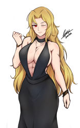Rule 34 | 10s, 1girl, abs, absurdres, airisubaka, blonde hair, blush, breasts, choker, cleavage, daidouji (senran kagura), dress, highres, jewelry, large breasts, long hair, looking at viewer, mole, mole under eye, muscular, muscular female, navel, necklace, one eye closed, plunging neckline, red eyes, senran kagura, signature, simple background, smile, solo, standing, white background