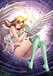 Rule 34 | 1girl, adsouto, ahoge, angel wings, asia argento, ass, bare shoulders, blonde hair, blush, bra, breasts, closed mouth, collarbone, elbow gloves, feathered wings, fingerless gloves, floating, frown, full body, gloves, green bra, green eyes, green gloves, green panties, green thighhighs, high school dxd, highres, leaf, long hair, looking at viewer, medium breasts, navel, own hands clasped, own hands together, panties, parted bangs, see-through, signature, solo, thighhighs, thighs, underwear, underwear only, very long hair, white wings, wings