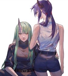Rule 34 | 2girls, arknights, bare shoulders, belt, black jacket, black pants, blue hair, blue shorts, ch&#039;en (arknights), closed mouth, cowboy shot, dragon girl, dragon horns, from behind, green hair, green nails, hand on another&#039;s hip, highres, horns, hoshiguma (arknights), jacket, liiger, long hair, looking at viewer, multiple girls, multiple scars, pants, profile, scar, scar on arm, scar on face, shirt, shorts, simple background, single horn, skin-covered horns, sleeveless, sleeveless shirt, sleeves past elbows, twintails, white background, white shirt, yellow eyes