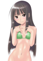 Rule 34 | 1girl, bikini, bikini top only, black hair, blush, bottomless, breasts, brown eyes, collarbone, covered erect nipples, green bikini, groin, long hair, looking at viewer, muffin (sirumeria), navel, nipples, original, out-of-frame censoring, simple background, small breasts, solo, string bikini, swimsuit, upper body, wavy mouth