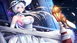 Rule 34 | 1girl, akeyama kitsune, azur lane, bare shoulders, blue eyes, breasts, cleavage, collarbone, commentary, day, dress, elbow gloves, gloves, hair ribbon, hat, highres, illustrious (azur lane), jewelry, large breasts, long hair, looking at viewer, low ponytail, mole, mole under eye, outdoors, ponytail, ribbon, sidelocks, sky, sun hat, tress ribbon, white dress, white gloves, white hair