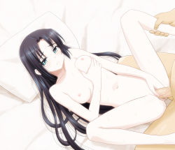 Rule 34 | 1boy, 1girl, aqua eyes, bed, black hair, blue eyes, blush, breast hold, breast lift, breasts, collarbone, hetero, long hair, looking at viewer, lying, navel, nekomimi kanon, nipples, nude, on back, open mouth, original, pale skin, penis, pillow, pussy, grabbing own breast, sex, small breasts, solo focus, spread legs, thighs, uncensored, vaginal, veins, wet