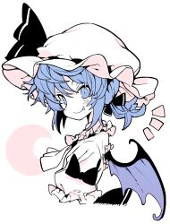 Rule 34 | 1girl, absurdres, bat wings, blue eyes, blue hair, blush, bow, closed mouth, commentary, fang, frilled sleeves, frills, hat, hat ribbon, highres, looking at viewer, mob cap, morino hon, remilia scarlet, ribbon, shirt, short hair, short sleeves, simple background, smile, solo, symbol-only commentary, touhou, upper body, white background, wings