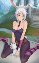 Rule 34 | 1girl, absurdres, alternate costume, animal ears, battle bunny riven, belt, between breasts, breasts, brown eyes, cleavage, detached collar, fake animal ears, folded ponytail, gloves, grey hair, high heels, highres, league of legends, leg ribbon, leotard, necktie, necktie between breasts, pantyhose, pink heels, playboy bunny, rabbit ears, rabbit tail, ribbon, riven (league of legends), ruins, short hair, single glove, sitting, solo, unsomnus, v arms, wariza, white hair, wrist cuffs