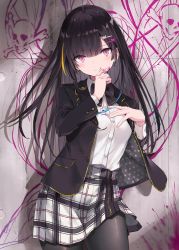 Rule 34 | 1girl, :q, bad id, bad twitter id, black hair, black jacket, black pantyhose, blazer, bow, bowtie, buttons, closed mouth, collared shirt, commentary, cowboy shot, gold trim, hair ornament, hairclip, jacket, long hair, long sleeves, looking at viewer, miniskirt, multicolored hair, nanananana, open clothes, open jacket, original, paint, pantyhose, pink eyes, plaid, plaid skirt, pleated skirt, school uniform, shadow, shirt, skirt, skull and crossbones, smile, solo, streaked hair, tongue, tongue out, white shirt, white skirt