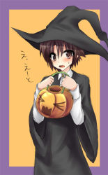 Rule 34 | 1boy, bad id, bad pixiv id, bob cut, brown eyes, brown hair, halloween, hat, little busters!, male focus, masayu, naoe riki, open mouth, short hair, simple background, solo, sweatdrop, witch hat