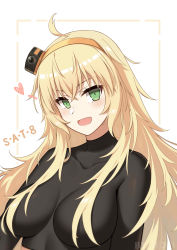 Rule 34 | 1girl, absurdres, ahoge, blonde hair, breasts, character name, girls&#039; frontline, green eyes, hat, heart, highres, jiafei2o3, large breasts, long hair, looking at viewer, messy hair, open mouth, s.a.t.8 (girls&#039; frontline), smile, solo, white background