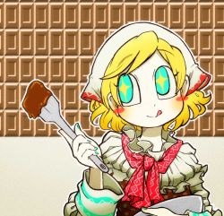 Rule 34 | 1girl, alice margatroid, alternate costume, ascot, blonde hair, blue eyes, blush stickers, bowl, candy, chamaji, chocolate, chocolate bar, chocolate making, commentary request, food, headwear request, holding, holding bowl, kerchief, long sleeves, red ascot, short hair, solo, spatula, star-shaped pupils, star (symbol), symbol-shaped pupils, tongue, tongue out, touhou