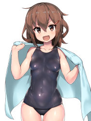 Rule 34 | 1girl, :d, black one-piece swimsuit, blush, breasts, brown eyes, brown hair, collarbone, cowboy shot, fang, hair between eyes, hair ornament, hairclip, highres, ikazuchi (kancolle), kantai collection, one-piece swimsuit, open mouth, school swimsuit, short hair, siesta (artist), simple background, small breasts, smile, solo, swimsuit, v-shaped eyebrows, white background