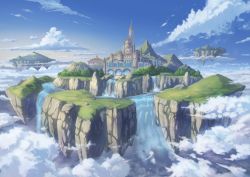 Rule 34 | above clouds, blue sky, bridge, castle, cloud, cloudy sky, commentary request, day, dome, fantasy, floating island, forest, gradient sky, hasumi yuuki, highres, landscape, mountain, nature, no humans, original, outdoors, river, rock, scenery, sky, tower, tree, water, waterfall