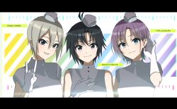 Rule 34 | 3girls, antenna hair, asakura toru, bare shoulders, black eyes, black hair, blue eyes, blue hair, blush, breasts, brown hair, character name, closed mouth, dot nose, dress, earrings, elbow gloves, fox shadow puppet, garrison cap, gloves, gradient hair, grey dress, grey hair, grey headwear, hair between eyes, hand up, hat, highres, idolmaster, idolmaster (classic), idolmaster cinderella girls, idolmaster cinderella girls starlight stage, idolmaster million live!, idolmaster million live! theater days, idolmaster shiny colors, jewelry, kikuchi makoto, letterboxed, looking at viewer, medium breasts, multicolored background, multicolored hair, multiple girls, open mouth, parted bangs, purple eyes, shiomi syuko, short hair, short sleeves, sleeveless, sleeveless dress, small breasts, smile, upper body, vivid (key), voy@ger (idolmaster), white gloves