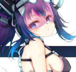 Rule 34 | 1girl, android, antenna hair, arm support, ass, aties20, bare shoulders, black leotard, black thighhighs, blue eyes, blue hair, blush, breasts, closed mouth, commentary request, feet out of frame, gloves, gradient hair, indie virtual youtuber, large breasts, leotard, looking at viewer, looking back, melody (projektmelody), multicolored hair, partially fingerless gloves, purple hair, robot, science fiction, solo, thighhighs, twintails, upper body, virtual youtuber, vshojo, white background