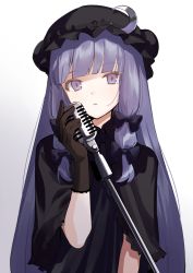 Rule 34 | 1girl, alternate costume, black bow, black capelet, black gloves, black hat, blunt bangs, bow, capelet, closed mouth, commentary request, crescent, expressionless, gloves, gradient background, hair bow, hat, hat ornament, head tilt, long hair, looking at viewer, microphone, microphone stand, mob cap, patchouli knowledge, purple eyes, purple hair, sidelocks, solo, straight hair, touhou, upper body, urata asao, very long hair, white background