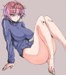 Rule 34 | 1girl, ass, barefoot, bottomless, breasts, covered erect nipples, female focus, full body, grey background, huge breasts, jacket, looking at viewer, mason 69, original, pink eyes, pink hair, purple background, short hair, simple background, sitting, smile, solo, track jacket