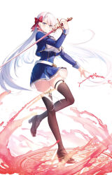 Rule 34 | 1girl, absurdres, black necktie, blue eyes, blue skirt, bow, breasts, earrings, excalibur academy uniform, hair bow, high heels, highres, holding, holding sword, holding weapon, jewelry, large breasts, long hair, long sleeves, looking at viewer, magic circle, miniskirt, necktie, rapier, red bow, riselia ray crystalia, school uniform, seiken gakuin no maken tsukai, skirt, sword, thighhighs, toosaka asagi, weapon, white hair