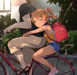 Rule 34 | 1boy, 1girl, ^ ^, ass, backpack, bag, bare shoulders, bicycle, blush, breasts, brown hair, child, closed eyes, collar, commentary request, ebisujima misato, fang, fang out, fat, fat man, highres, hug, multiple riders, original, outdoors, randoseru, shorts, small breasts, smile, tan, tank top, tanline, twintails, yuma (ebisujima misato)