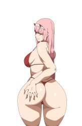 Rule 34 | 1girl, ass, ass grab, back, bikini, breasts, come hither, curvy, darling in the franxx, grabbing own ass, green eyes, h the great, highres, huge ass, large breasts, long hair, looking at viewer, looking back, naughty face, pink hair, red bikini, seductive smile, sideboob, smile, solo, swimsuit, thick thighs, thighs, thong, white background, wide hips, zero two (darling in the franxx)