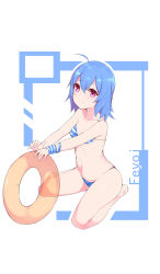 Rule 34 | 1girl, ahoge, bare legs, bare shoulders, barefoot, bikini, blue hair, blush, closed mouth, collarbone, commentary request, copyright request, hair between eyes, highres, innertube, long hair, looking at viewer, meng ge 3 (565571710), orange innertube, purple eyes, smile, solo, striped bikini, striped clothes, swim ring, swimsuit, transparent