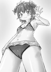 Rule 34 | 1girl, :3, absurdres, antenna hair, ao daidai ki, arm at side, assault lily, bare arms, bare shoulders, bikini, blush, breasts, closed mouth, collarbone, commentary, cowboy shot, fang, fang out, frilled bikini, frills, from below, gradient background, grey background, greyscale, hair ribbon, hand up, highres, jewelry, looking at viewer, looking down, monochrome, navel, open hand, ribbon, ring, short hair, skin fang, small breasts, smile, solo, standing, stomach, swimsuit, two side up, yoshimura thi mai