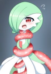 Rule 34 | 1girl, arms at sides, blush, bob cut, colored skin, constriction, creatures (company), female focus, flat chest, flying sweatdrops, game freak, gardevoir, gen 3 pokemon, gradient background, green hair, green skin, grey background, hair over one eye, highres, legs together, multicolored skin, nintendo, nose blush, one eye covered, open mouth, pokemon, pokemon (creature), red eyes, restrained, rxq, short hair, simple background, solo, standing, sweat, tears, tentacles, two-tone skin, white skin