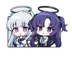 Rule 34 | 2girls, black jacket, blue archive, blue necktie, grey hair, halo, jacket, looking at viewer, lowres, multiple girls, necktie, noa (blue archive), purple eyes, purple hair, shirt, simple background, white background, white jacket, white shirt, yukki bunny, yuuka (blue archive)