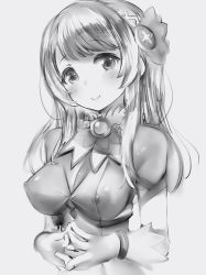 Rule 34 | 1girl, alice gear aegis, bad id, bad pixiv id, blush, breasts, character request, closed mouth, covered erect nipples, female focus, gloves, greyscale, hairband, head tilt, highres, large breasts, long hair, looking at viewer, monochrome, nanashi (nlo), nipples, see-through, simple background, smile, solo, steepled fingers, upper body, white background
