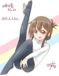 Rule 34 | 10s, 1girl, 2015, brown eyes, brown hair, dated, folded ponytail, gurande (g-size), highres, inazuma (kancolle), kantai collection, leg up, leotard, long hair, pantyhose, solo