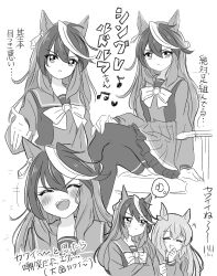Rule 34 | 2girls, animal ears, beamed eighth notes, bow, closed eyes, closed mouth, commentary request, crossed legs, den den tumuri, ear bow, earrings, eighth note, greyscale, heart, horse ears, horse girl, horse tail, jewelry, long hair, long sleeves, looking at viewer, maruzensky (umamusume), monochrome, multiple girls, multiple views, musical note, open mouth, sailor collar, school uniform, shirt, single earring, sitting, skirt, smile, speech bubble, symboli rudolf (umamusume), tail, thighhighs, tracen school uniform, translation request, umamusume, winter uniform